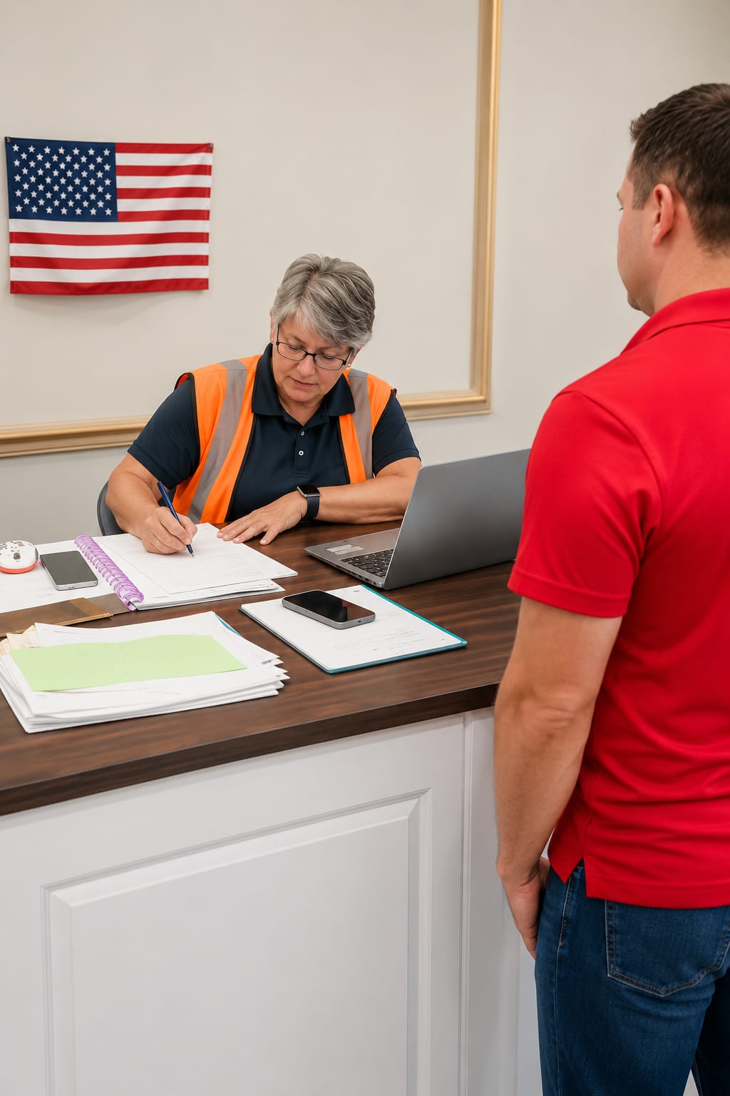 Homeowner reviewing a window replacement quote with an installer